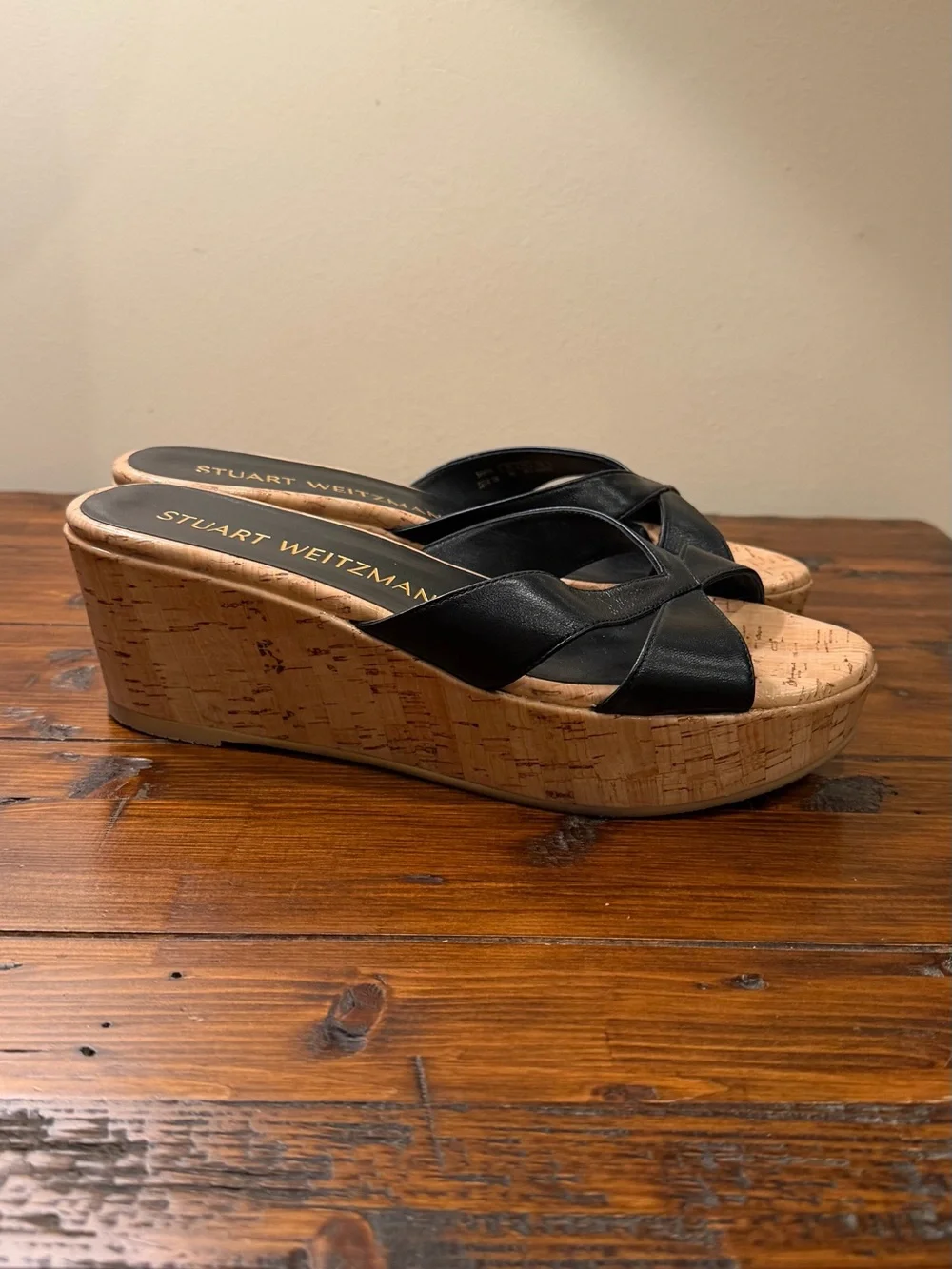 Stuart Weitzman Black Leather Cork Wedge Sandals